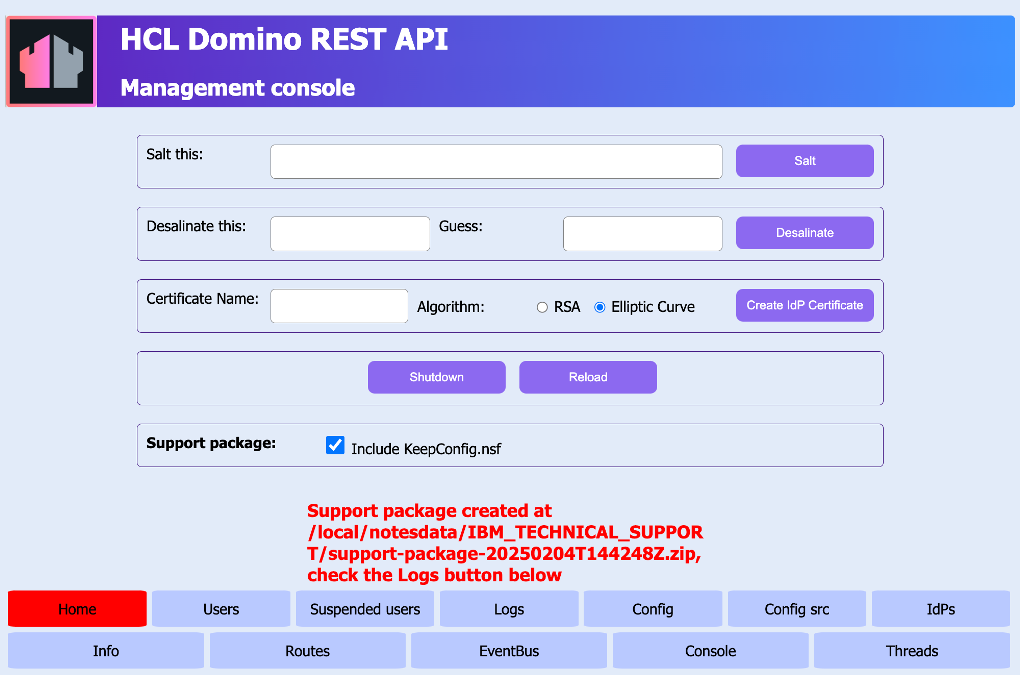 Management console after support package is created