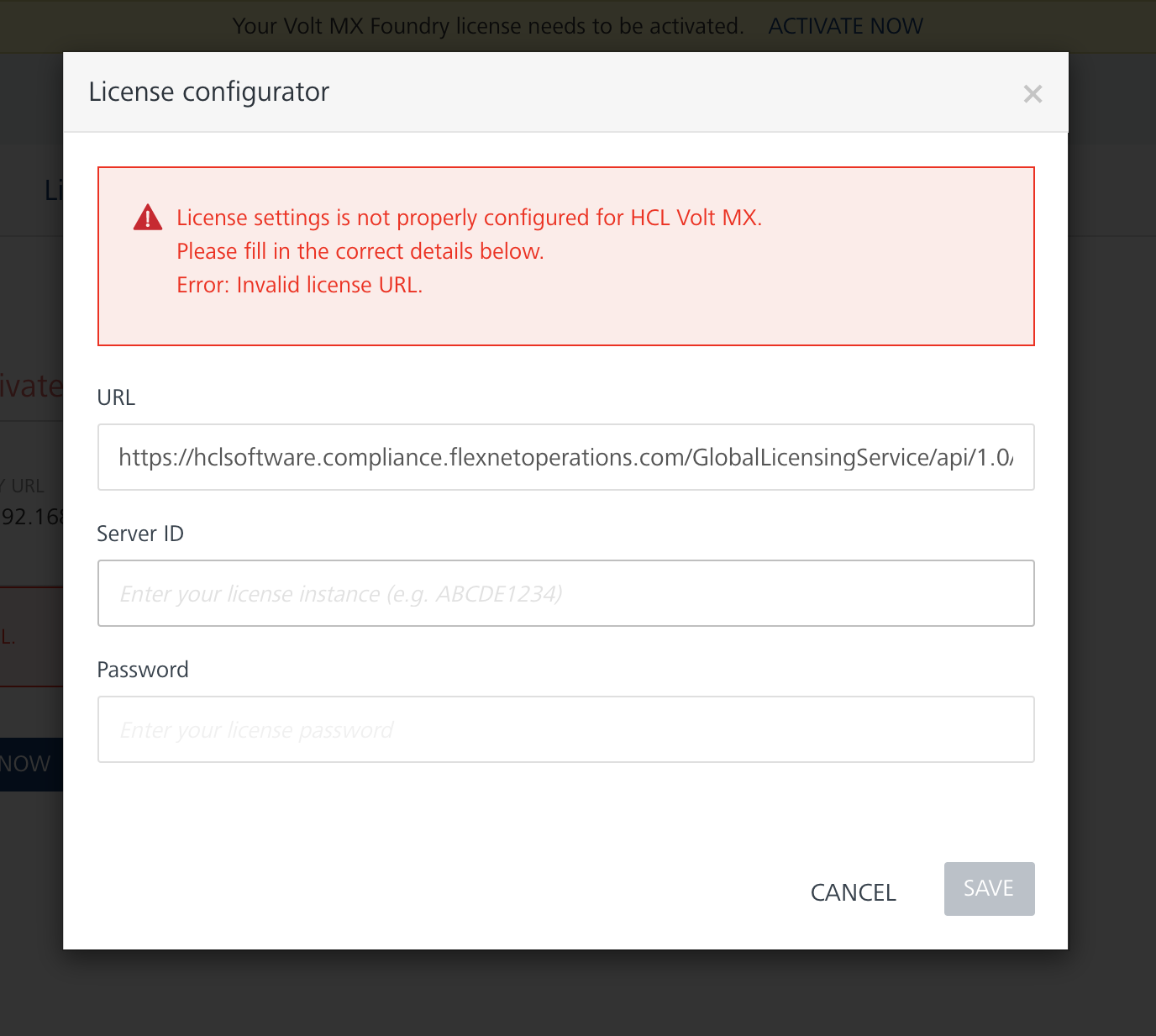 license settings error message