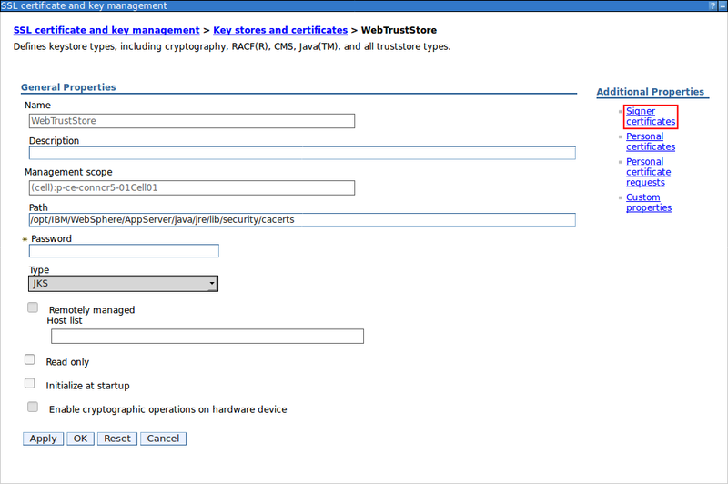 Trust store details with Signer Certificates link highlighted.