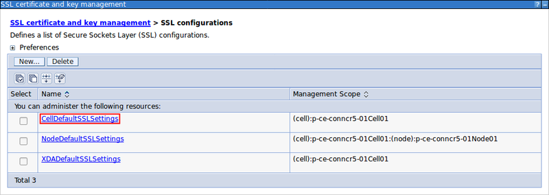 Showing SSL Configurations. The CellDefaultSSLSettings link is highlighted.
