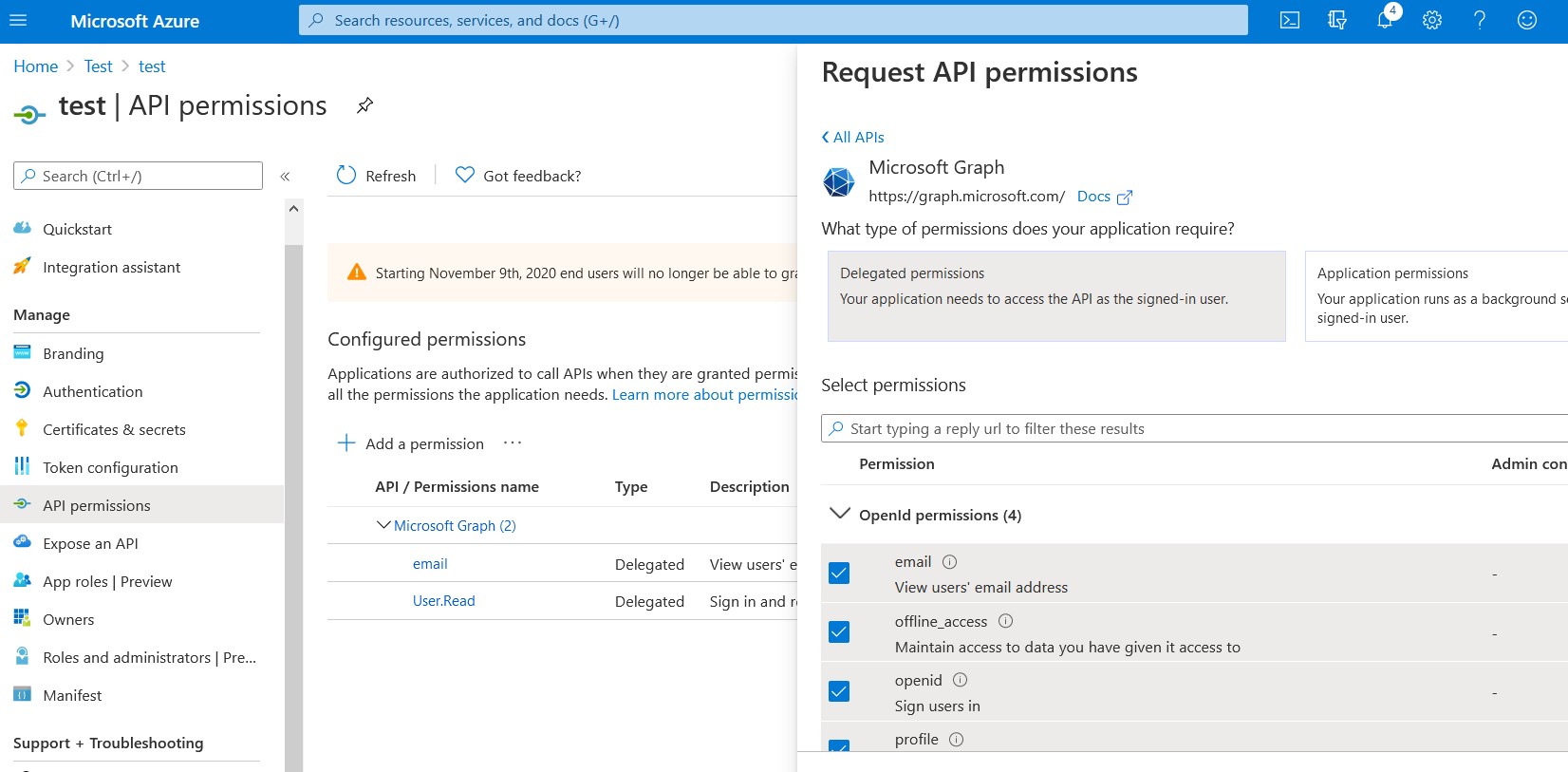 API permissions screen