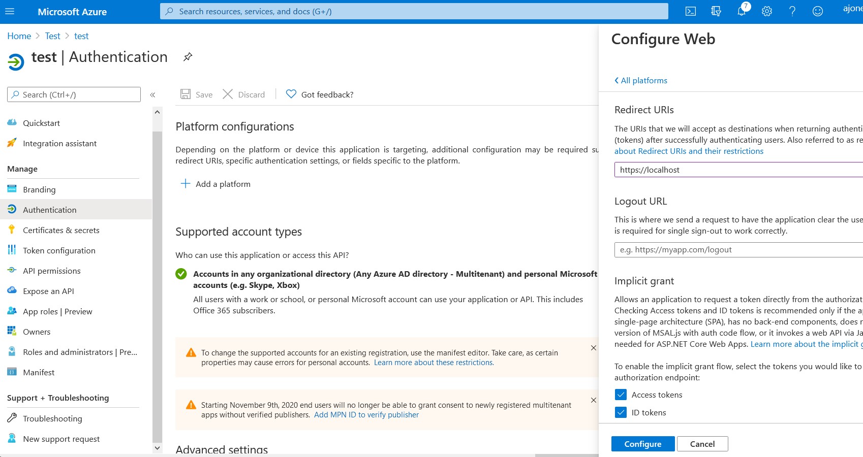 Azure Authentication page showing Redirect URIs field