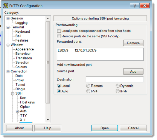 PuTTY configuration values