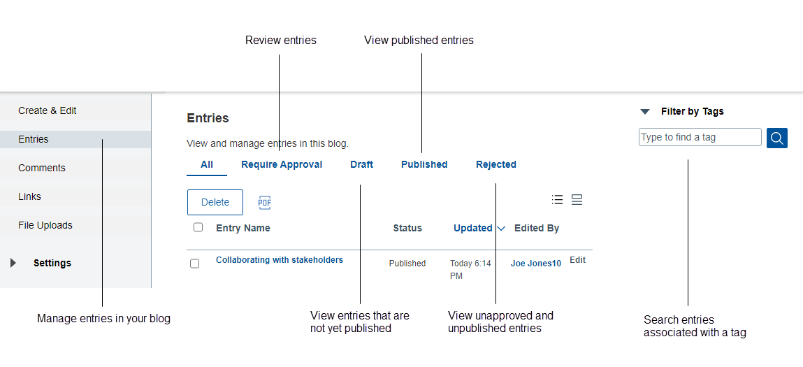 Options to manage blog entries