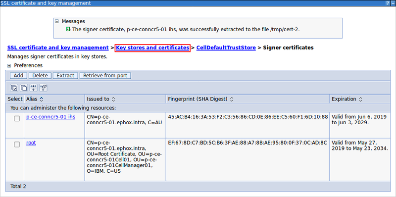 Key stores and certificates breadcrumb link