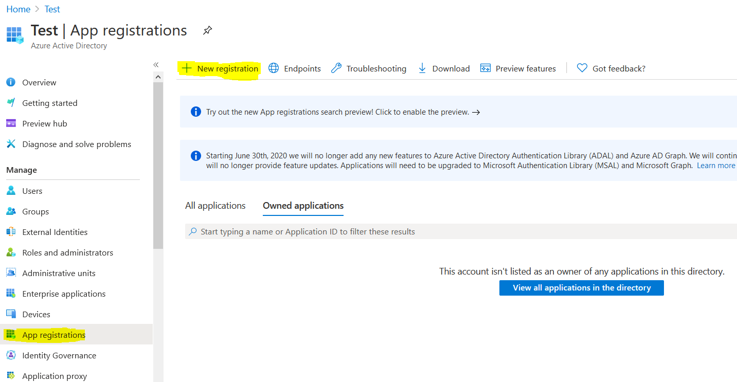 App registrations screen in Azure