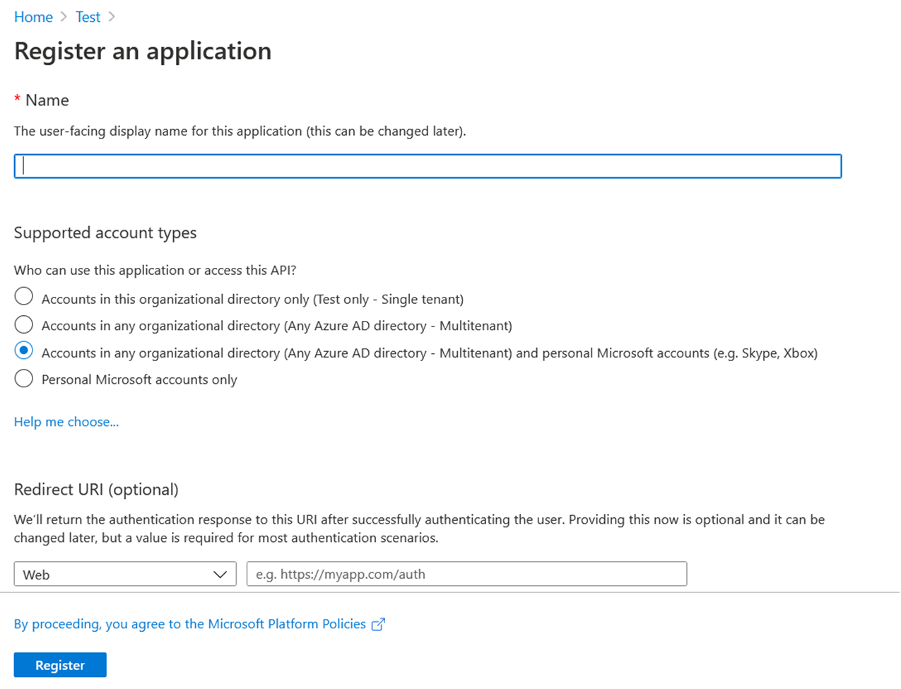 screen for registering an application