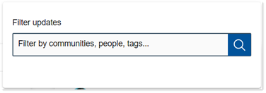 Filter updates field and search button, with hint to filter by communities, people, tags, and so on