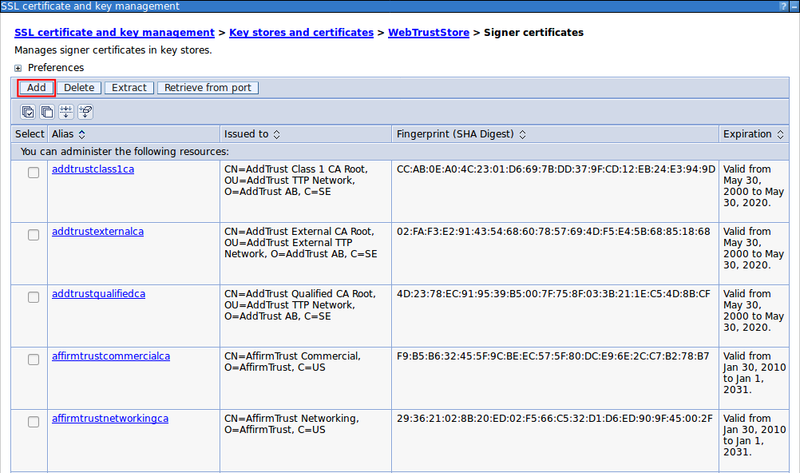 List of root certificates with Add button highlighted.