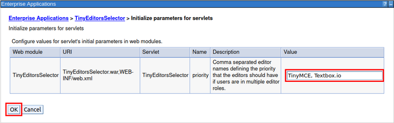 "Initialize parameters for servlets" dialog