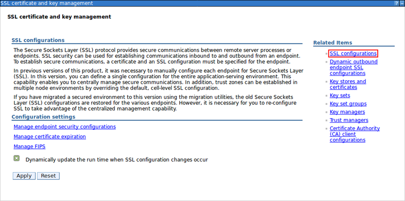 Showing SSL certificate and key management options. The SSL Configurations is highlighted.
