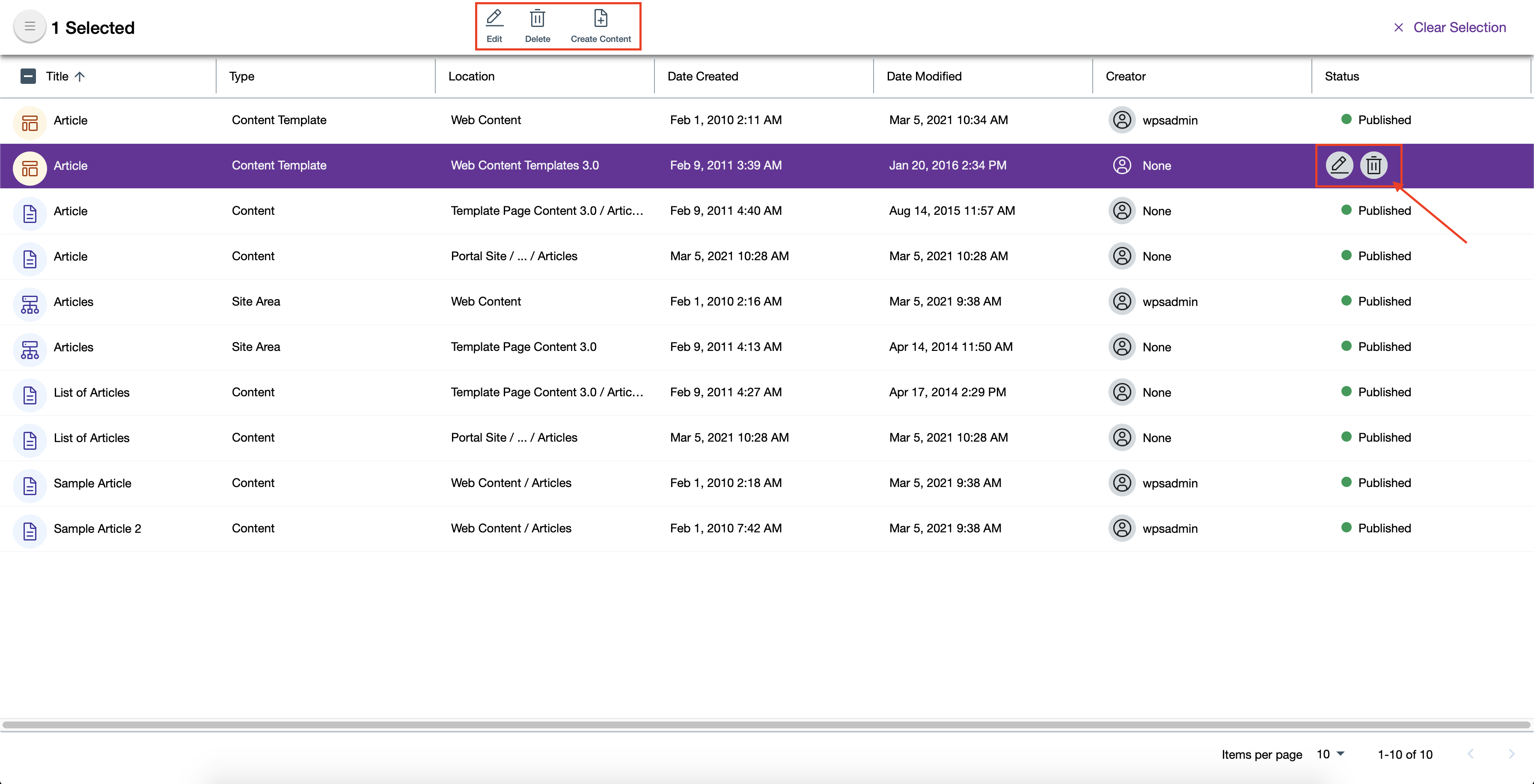 Edit, Delete and Create Content of selected content template