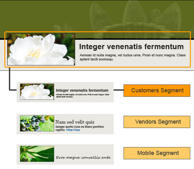 When you click each link, each box highlights. A header and three boxes Customers Segment, which is highlighted, Vendors Segment and Mobile Segment.