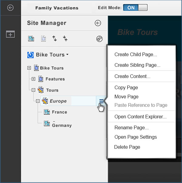 Screen capture of the site manager tree view and how to open the context menu for a page.