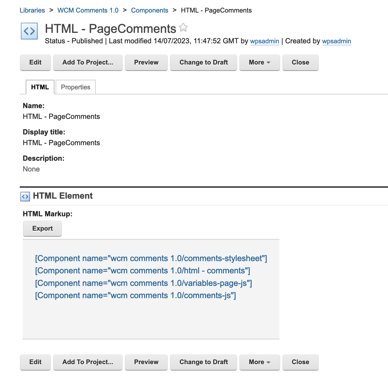 WCM comments HTML markup component