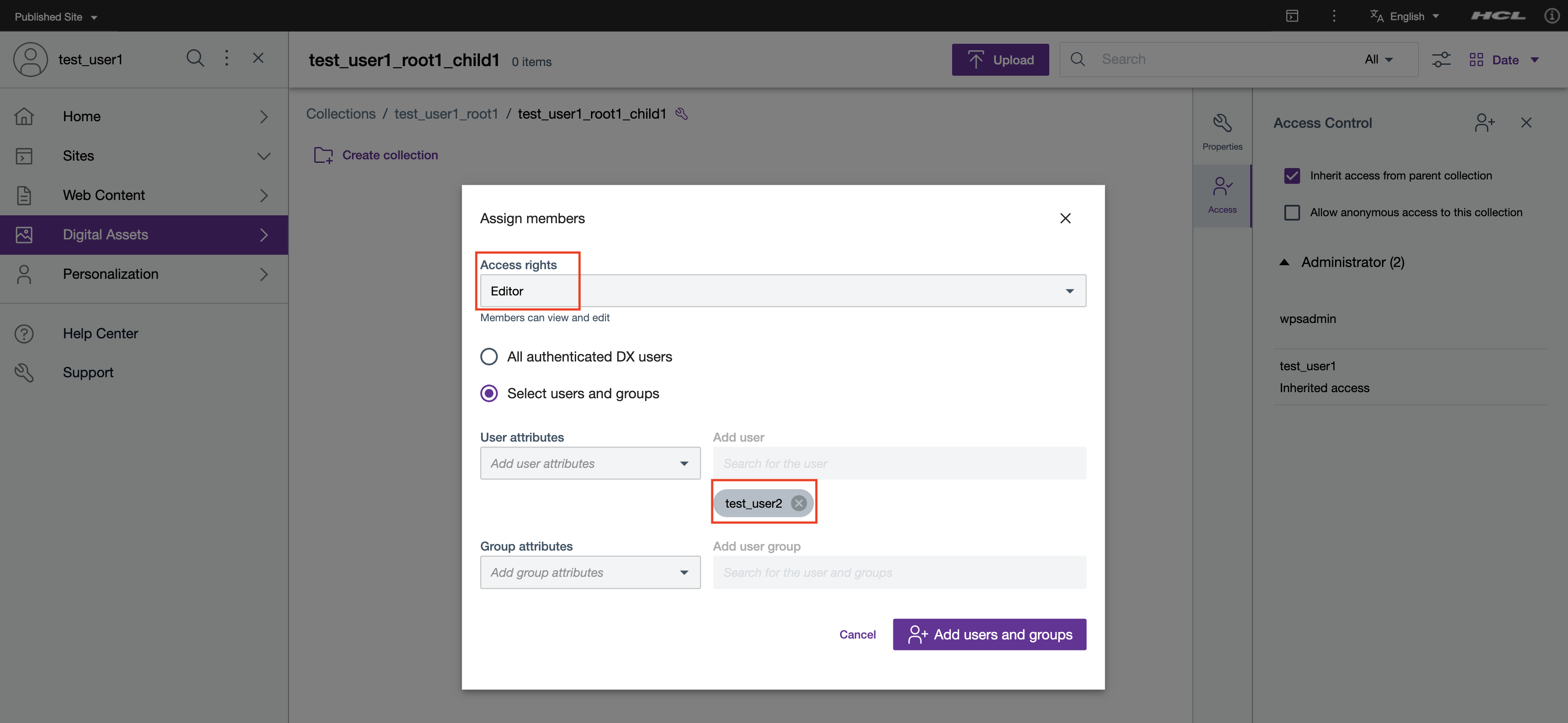 DAM Assign Permission to Users for a nested Collection