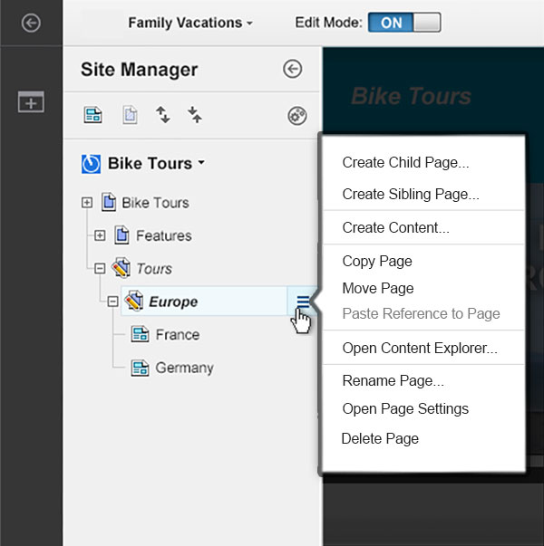Screen capture of the site manager tree view that highlights the context menu for a page.