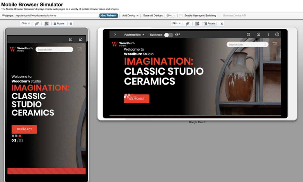 Using the Mobile Preview simulator to view Woodburn Studio demonstration site display on mobile devices