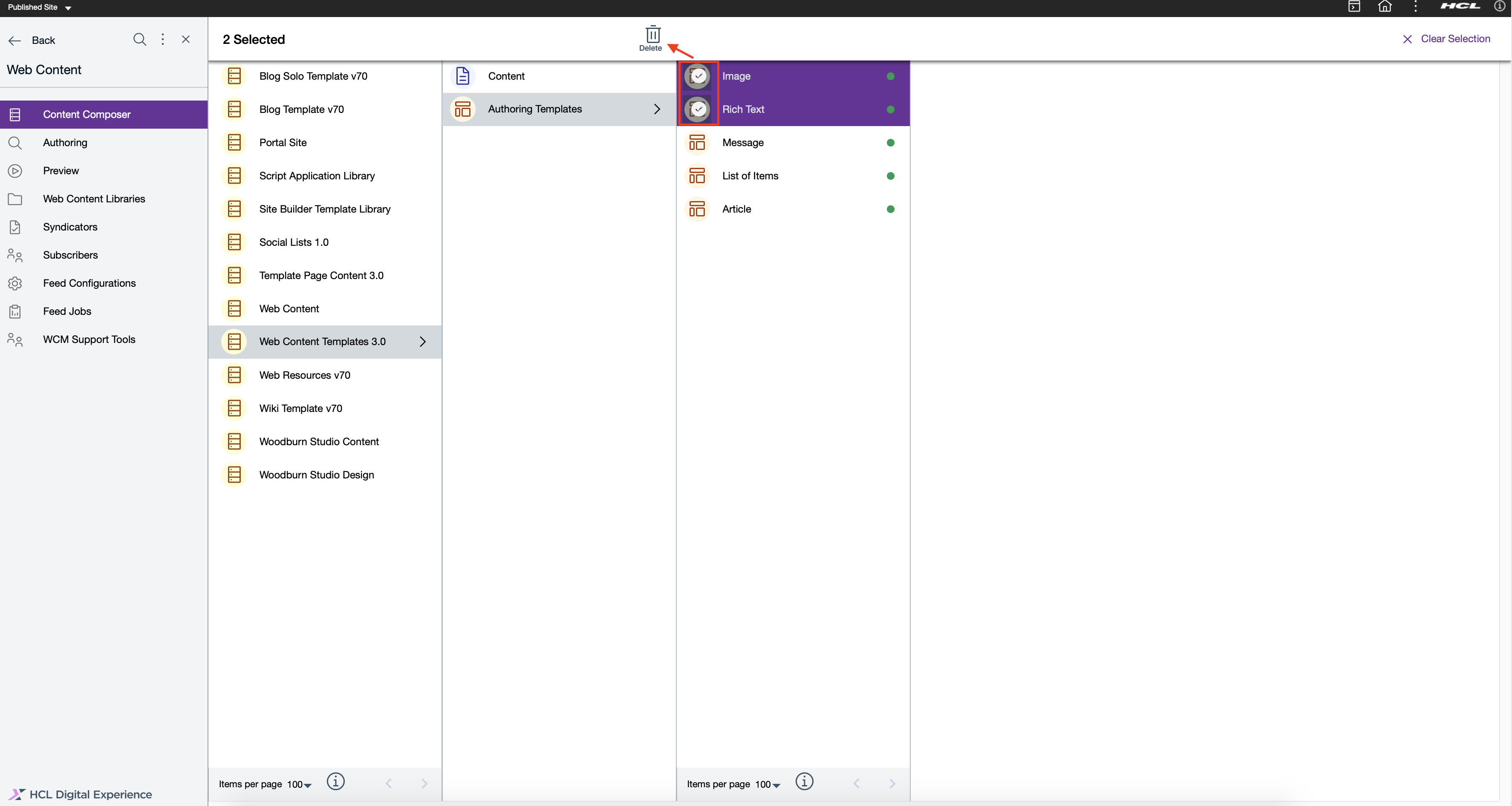 Authoring actions on HCL Content Composer Dashboard view