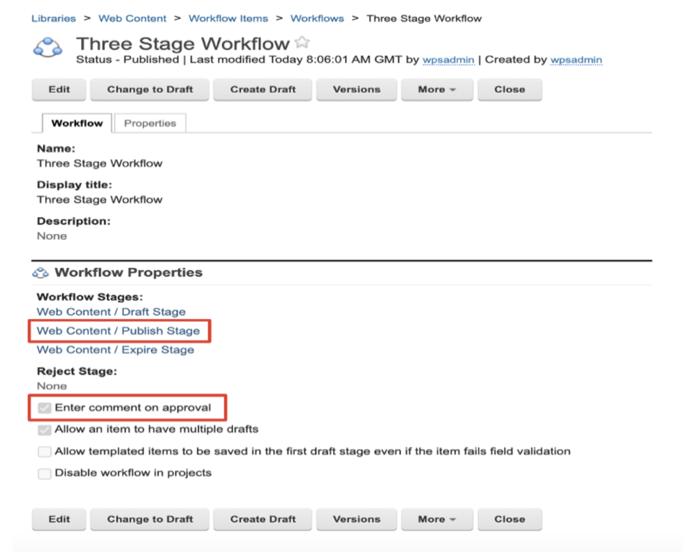 Select workflow and enable Entering comment on approval