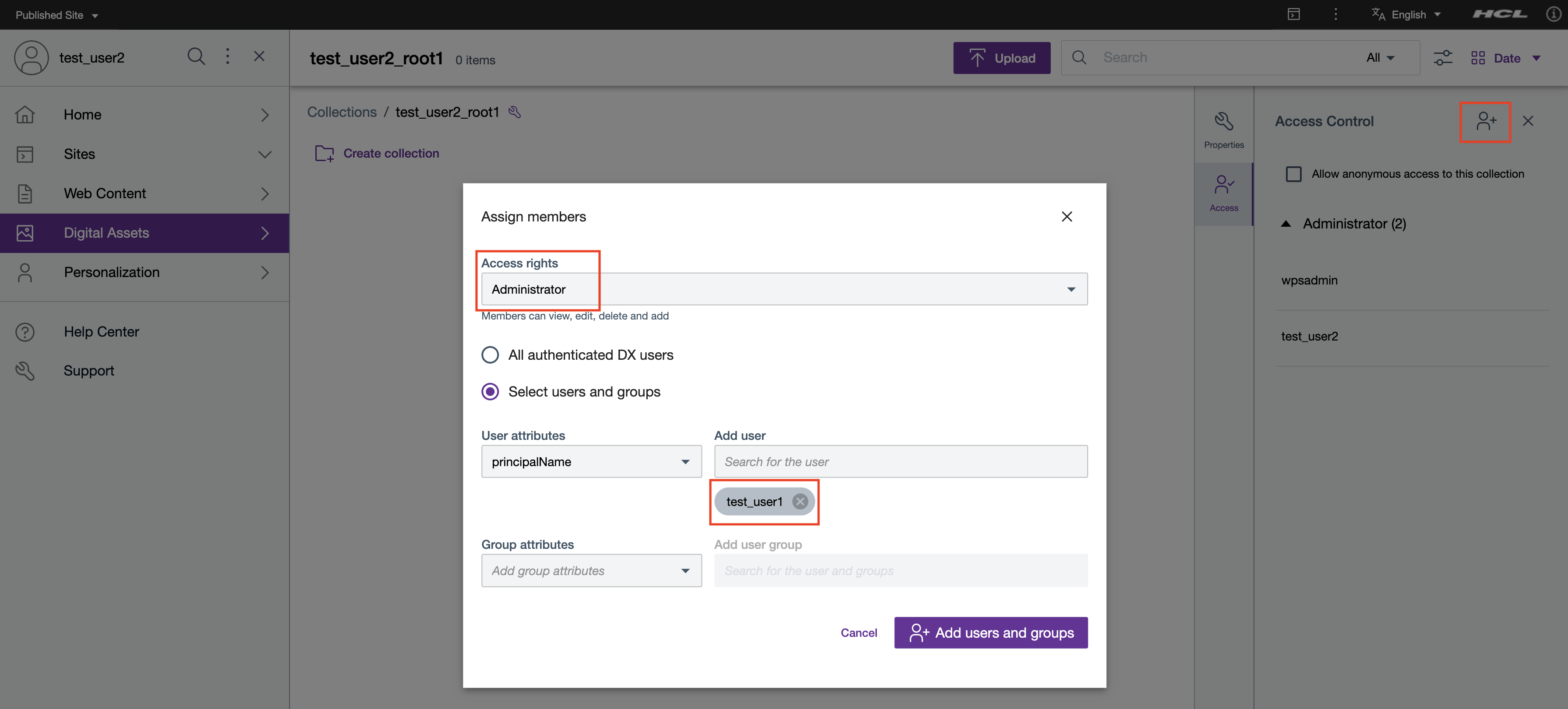 DAM Assign Permission to Users for a Root Collection