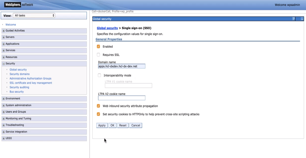 Global security > Single sign-on (SSO) screen