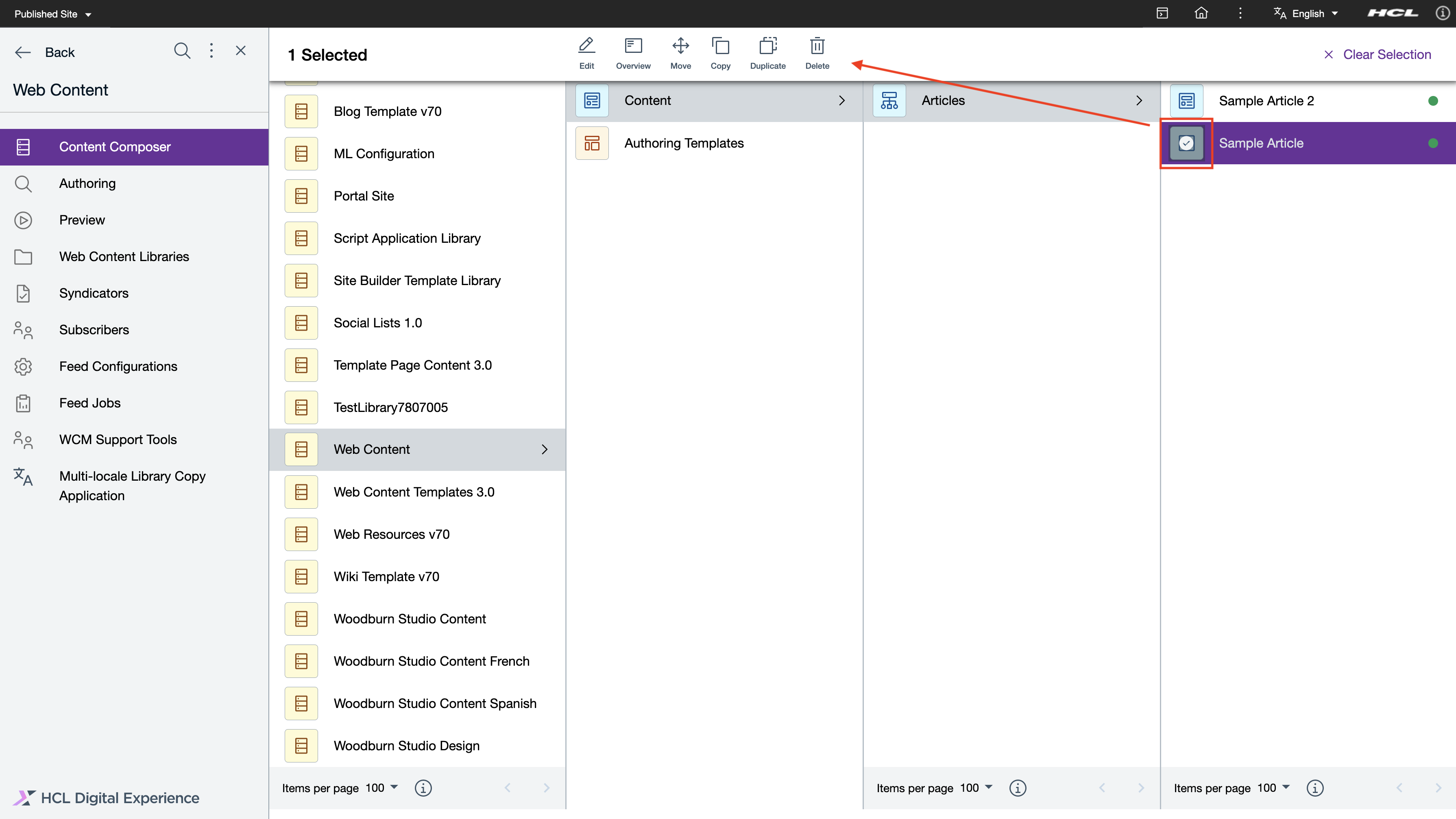 Authoring actions on HCL Content Composer Dashboard