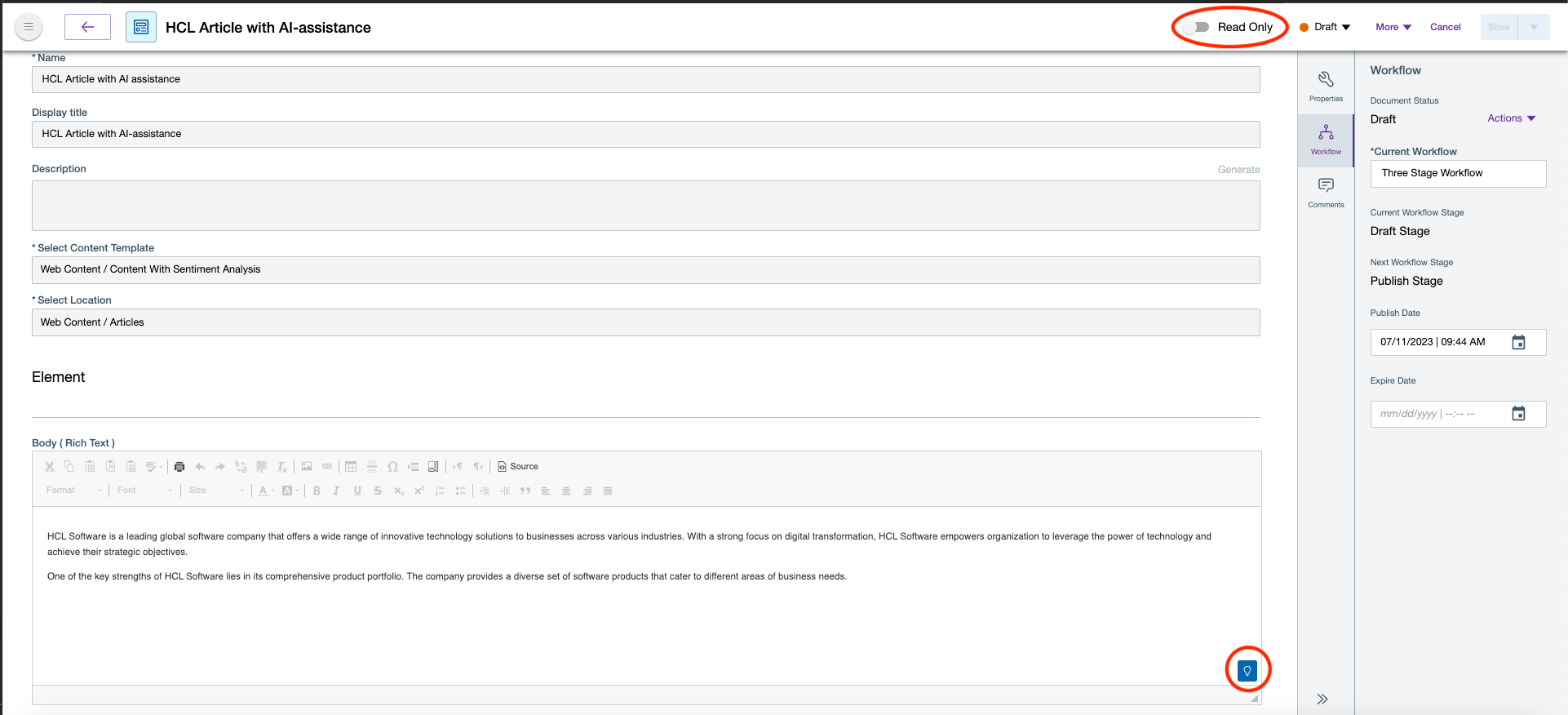 Sentiment analysis read only