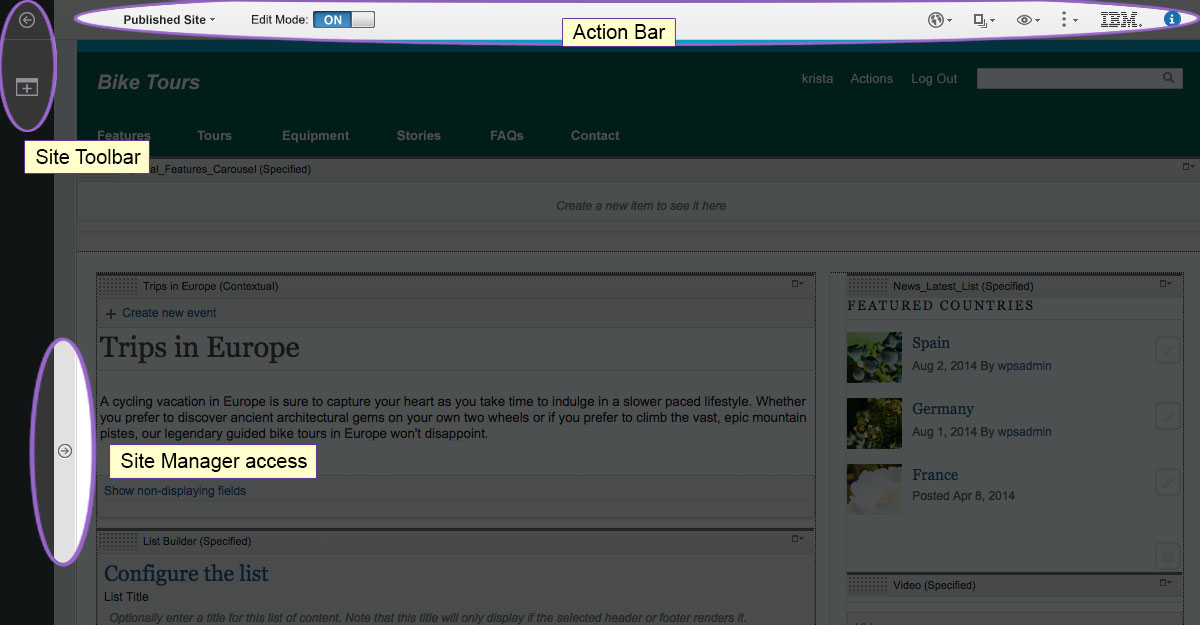 Screen capture of the authoring user interface that highlights the action bar, site toolbar, and site manager access.