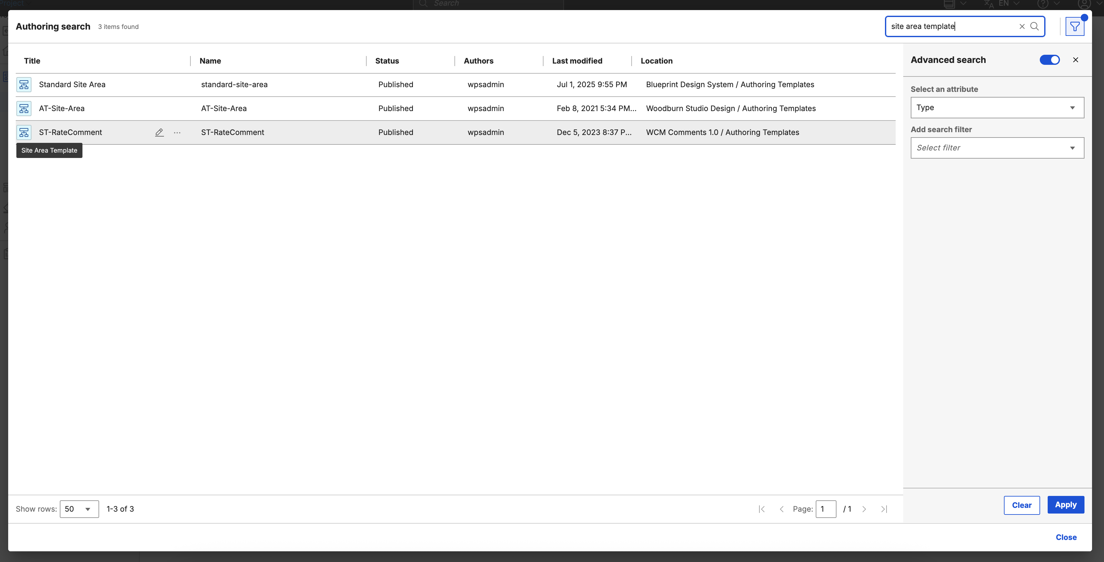 Advanced search filter interface