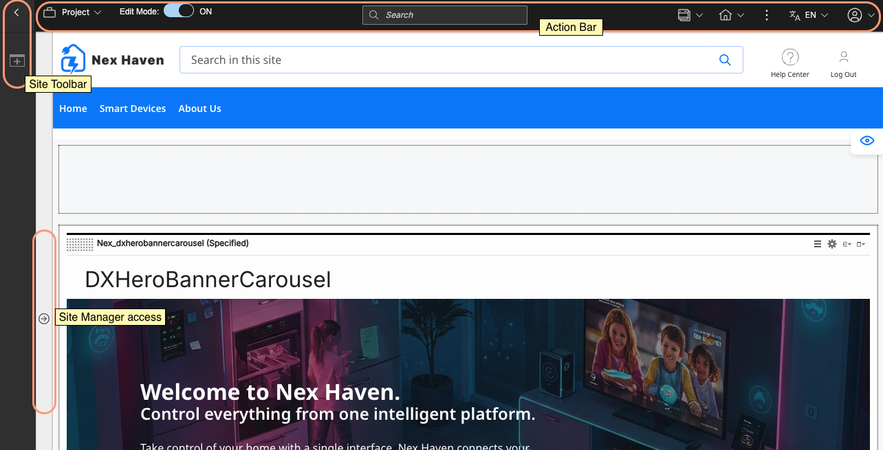 Screen capture of the authoring user interface that highlights the action bar, site toolbar, and site manager access.