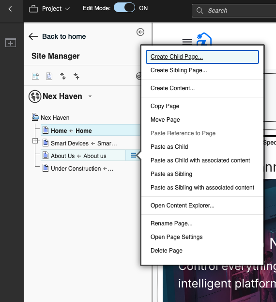 Screen capture of the site manager tree view that highlights the context menu for a page.