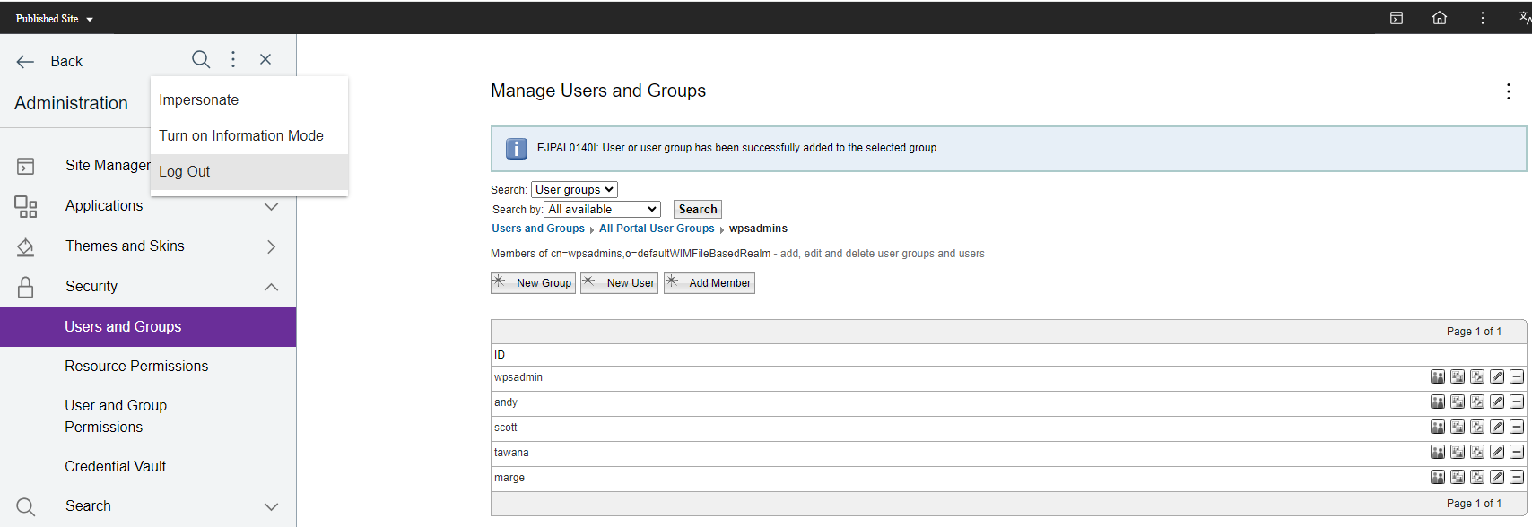 Adding the PZN Demo users to the wpsadmins group
