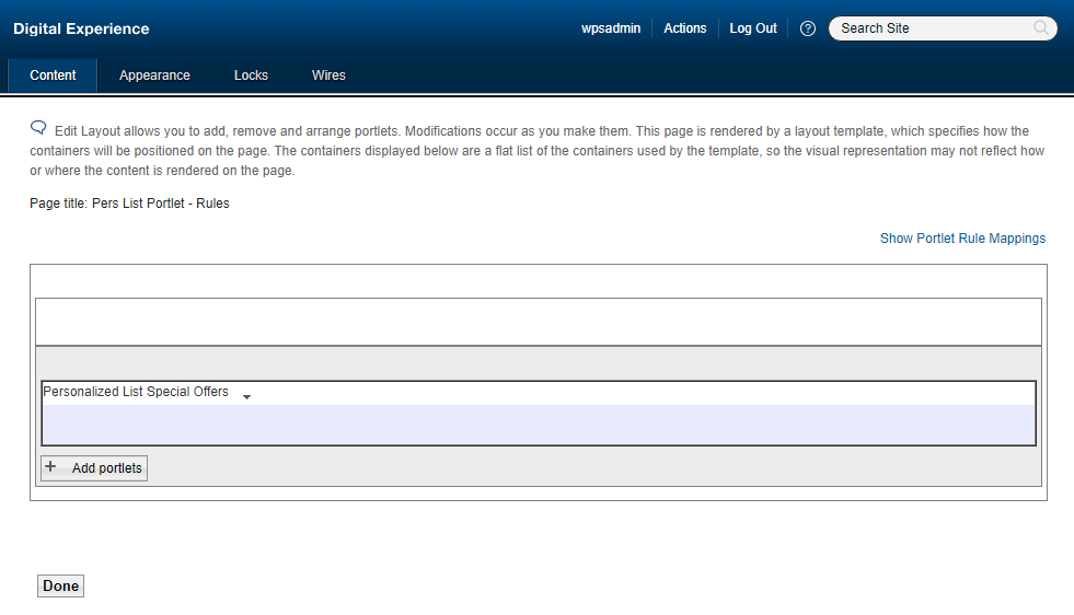 Personalization List Portlet located on page