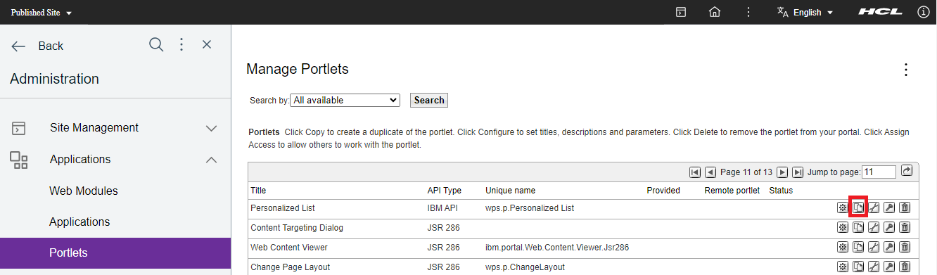 Click copy portlet icon