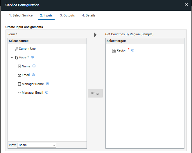 image showing the input tab of the service configuration dialog