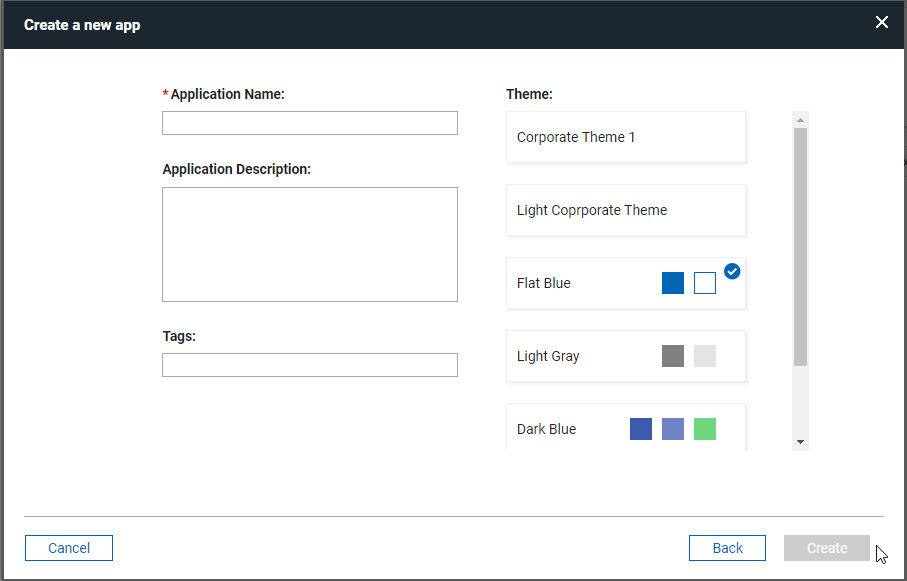 create a new app dialog showing a global corporate theme