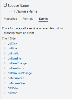 An image of a field's properties pane showing the applicable events