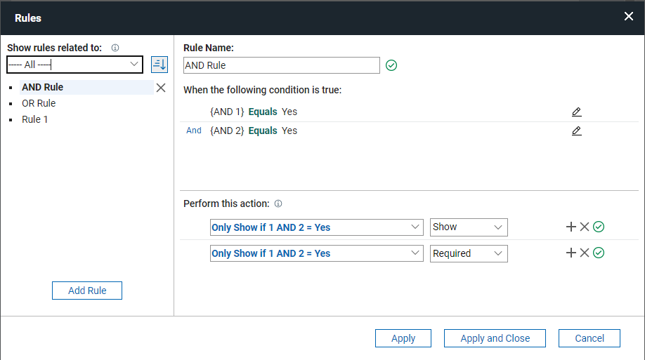 Rule dialog showing 'and' condition