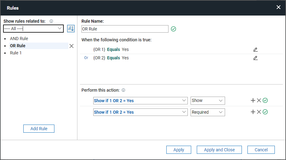 Rule dialog showing 'or' condition