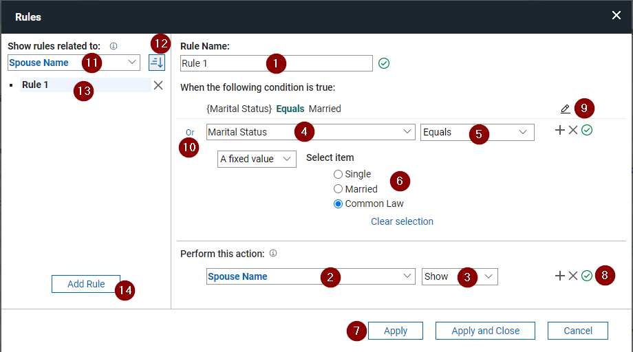 Image of the rules dialog and its parts