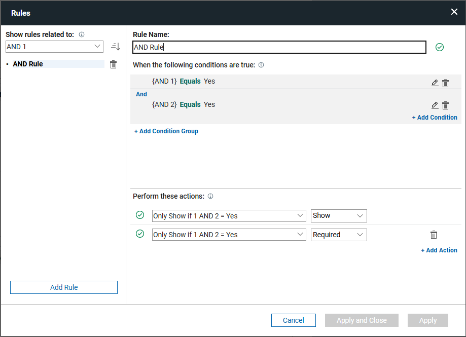Rule dialog showing 'and' condition
