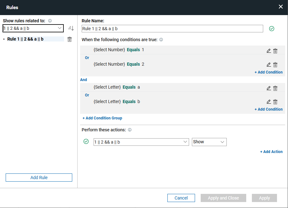 Rule dialog showing mixed conditions;'1' or '2' and 'a' or 'b'