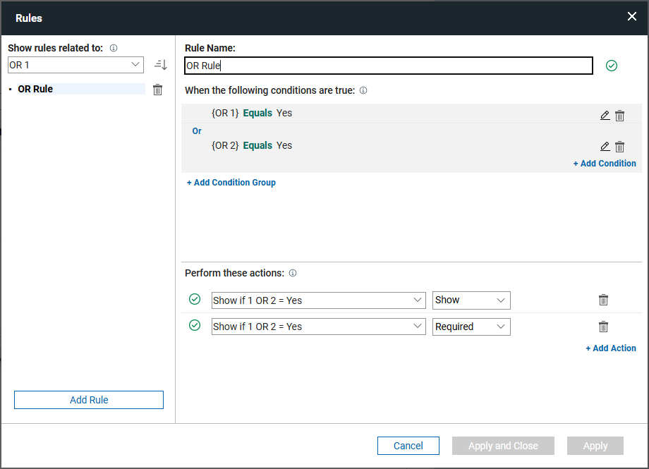 Rule dialog showing 'or' condition