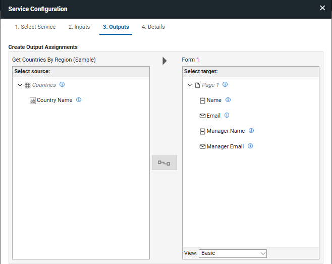 image showing the output tab of the service configuration dialog