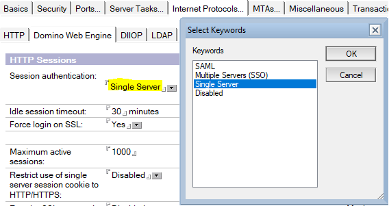image of the internet protocols domino web engine session authentication setting