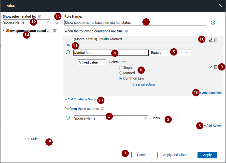 Image of the rules dialog and its parts