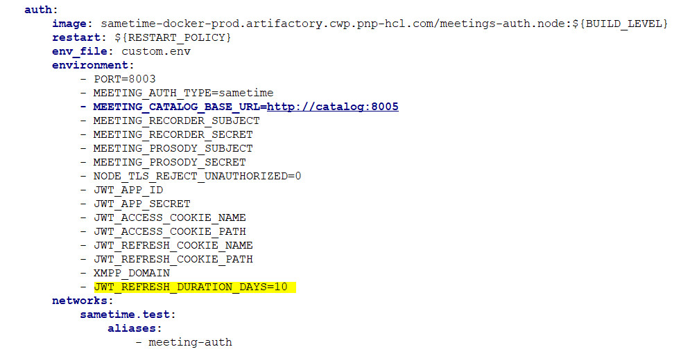 Sample yaml file with JWT_REFRESH_DURATION_DAYS variable with value of 10