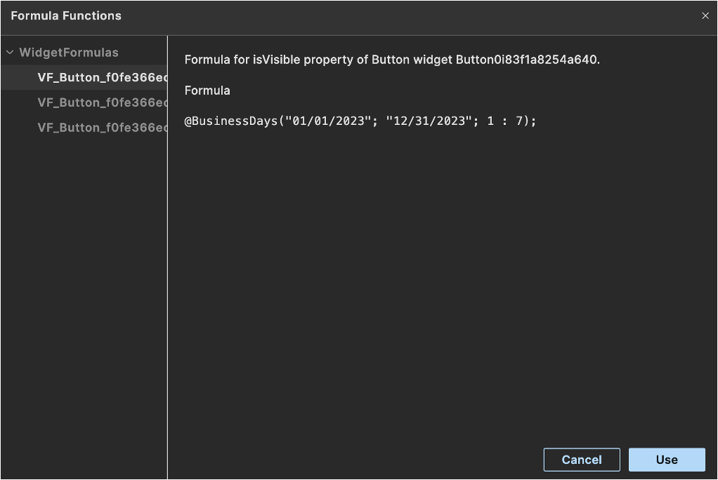 Formula Functions dialog