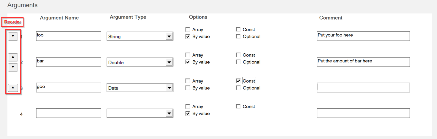 Event Form - Arguments interface